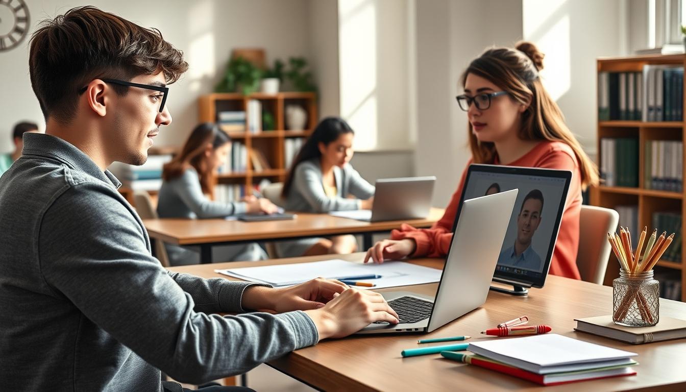 Students studying together in modern classroom